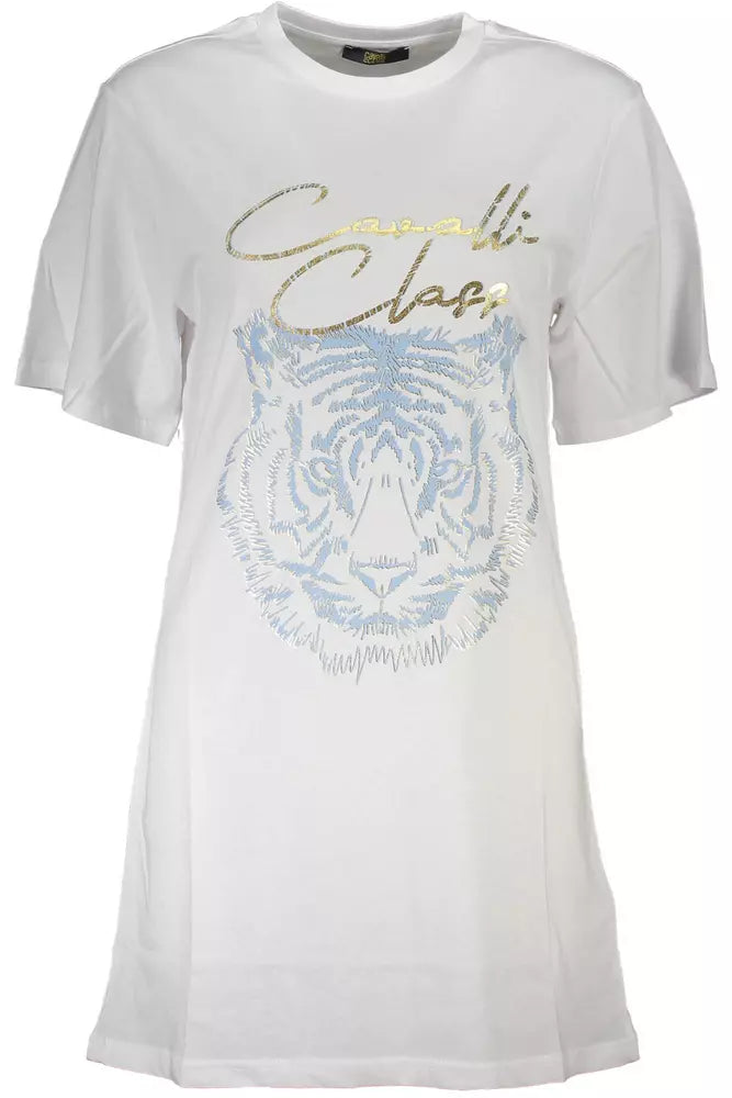 Cavalli Class Elegant White Cotton Tee with Iconic Print