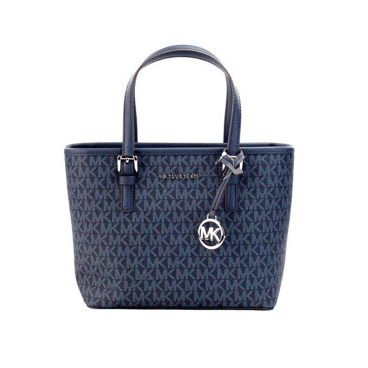 Michael Kors Jet Set Navy PVC Leather XS Carryall Top Zip Tote Bag Purse