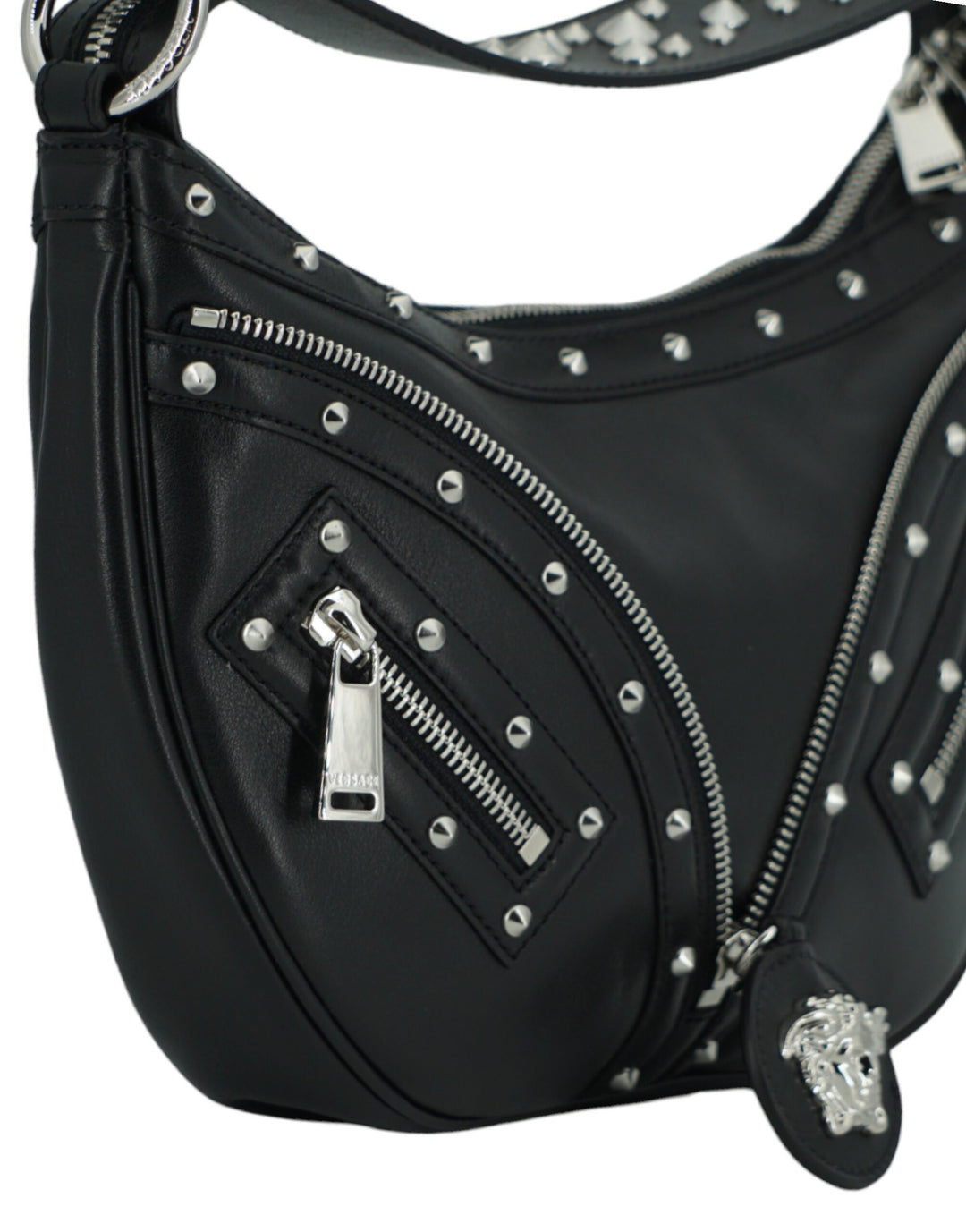 Versace Elegant Black Leather Hobo Shoulder Bag