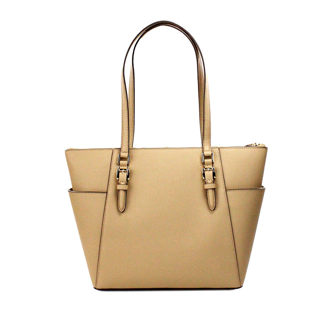 Michael Kors Charlotte Camel Large Leather Top Zip Tote Bag Purse