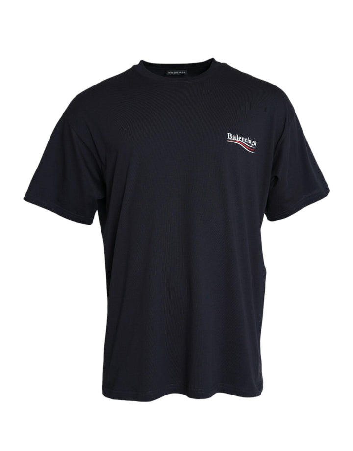 Balenciaga Dark Blue Cotton Logo Crew Neck Short Sleeves T-shirt