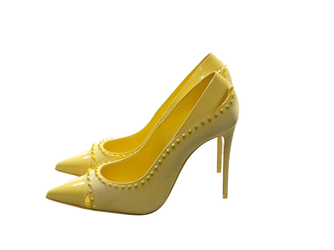 Christian Louboutin Duvette Spikes 100 Yellow Patent Leather and Suede Spike Studded Heels