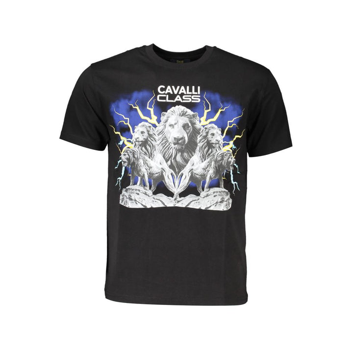 Cavalli Class Elegant Round Neck Black Tee with Classic Print