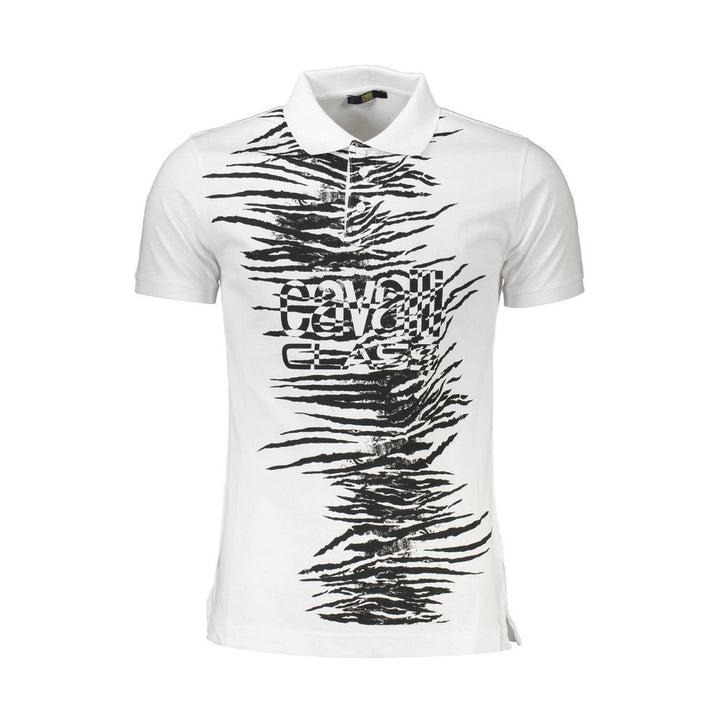 Cavalli Class Elegant White Cotton Polo with Signature Print