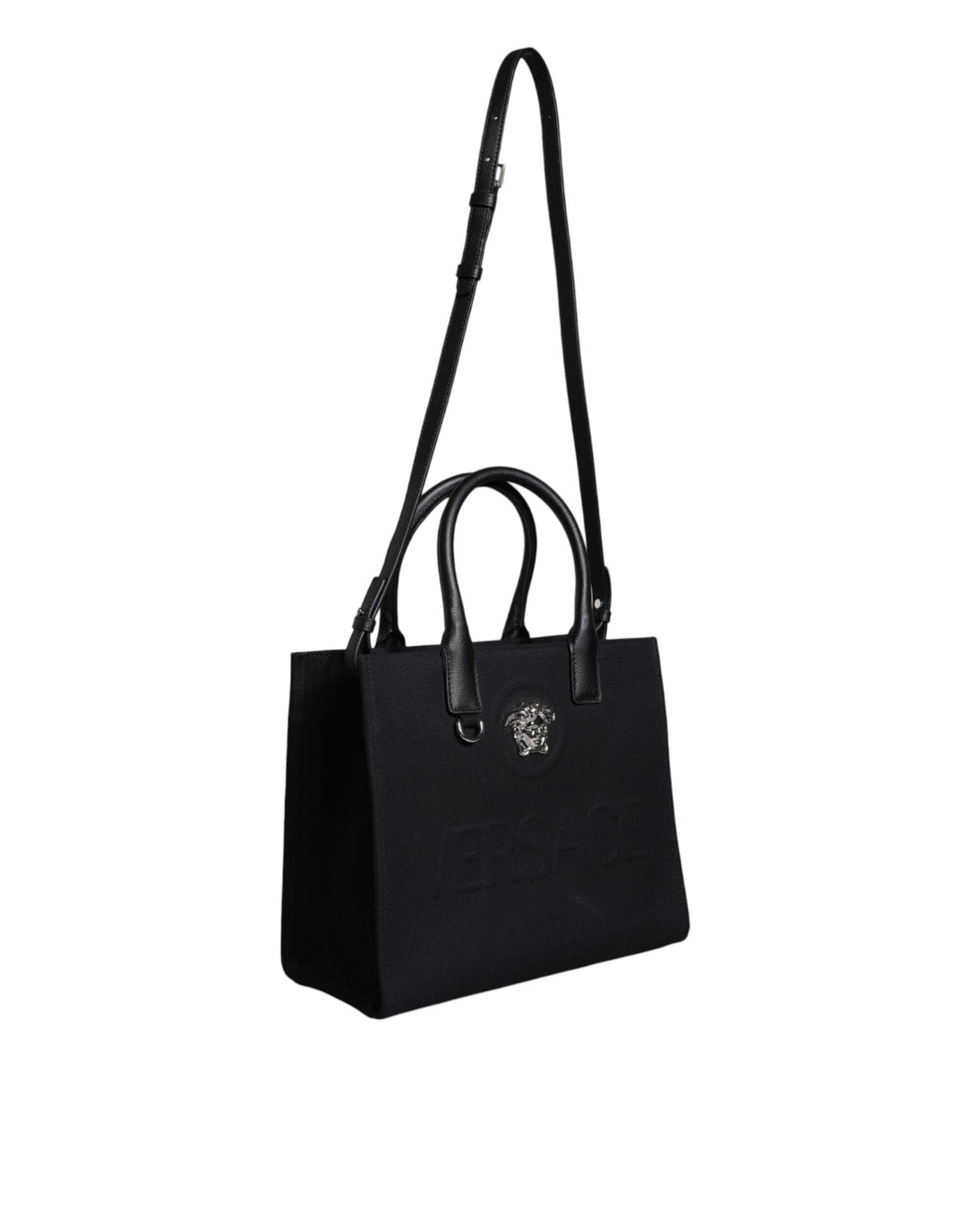 Versace Black Top Handle Canvas Leather Logo Crossbody Tote Bag