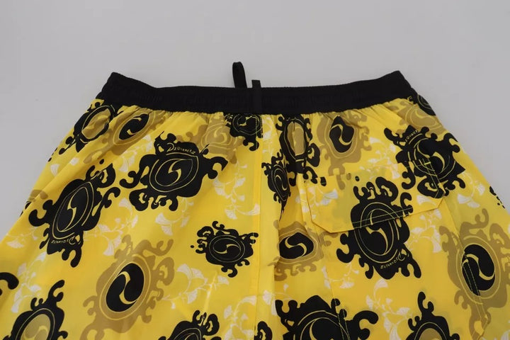 Dsquared² Yellow Black Printed Nylon Beachwear Shorts Swimwear