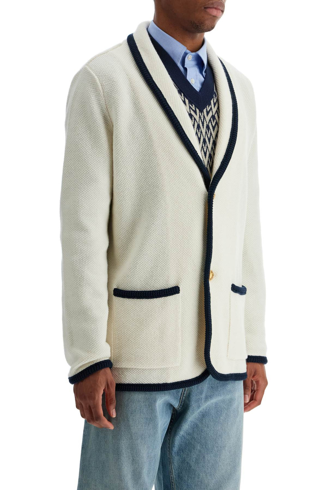 Valentino Garavani men's cotton and wool jacket in butter color with shawl collar