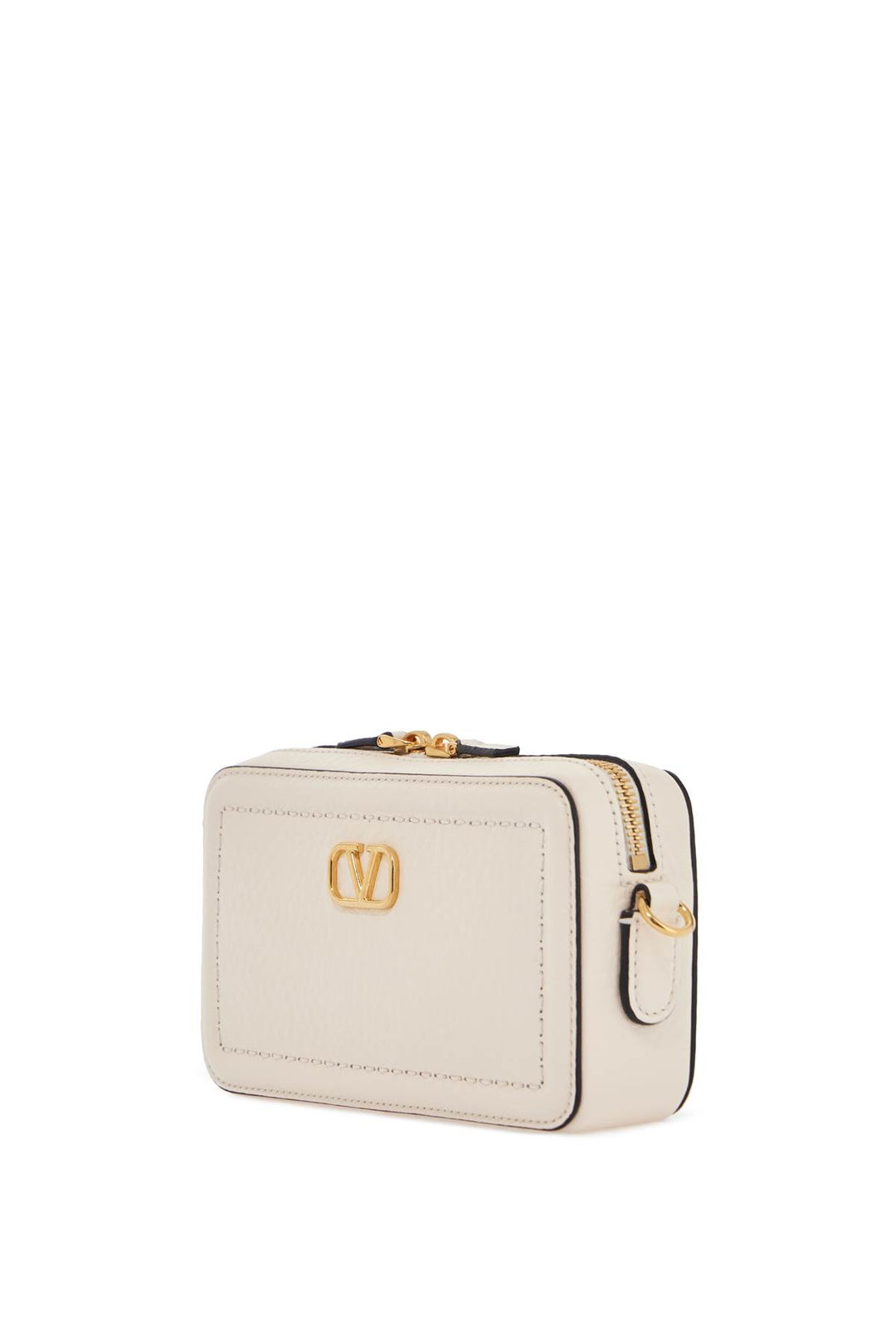 Valentino Garavani mini camera case in ivory leather with adjustable strap and golden details