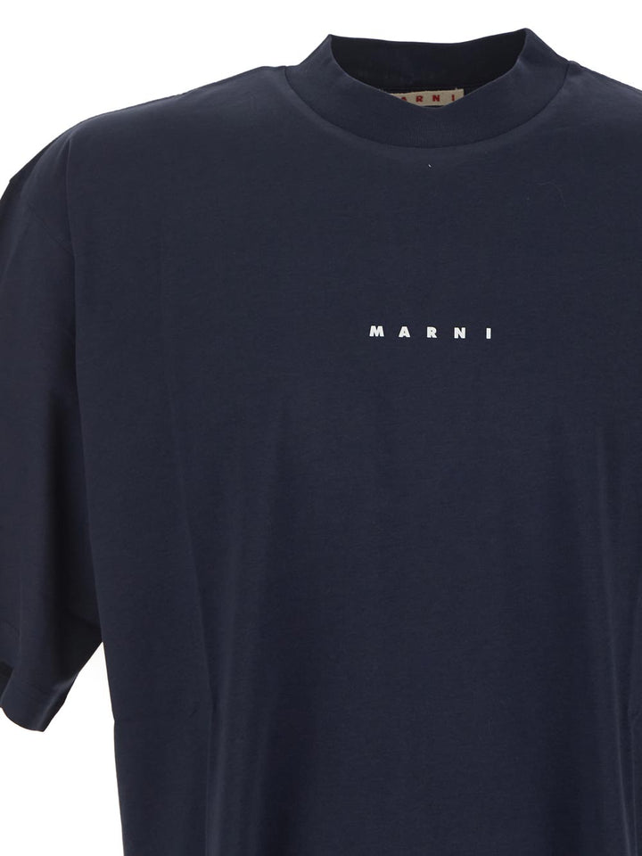 Marni Dark Blue Bio Cotton T-Shirt With Logo