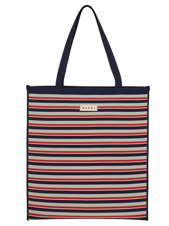 Marni Navy White And Red Jacquard Stripe Flat Tote Bag