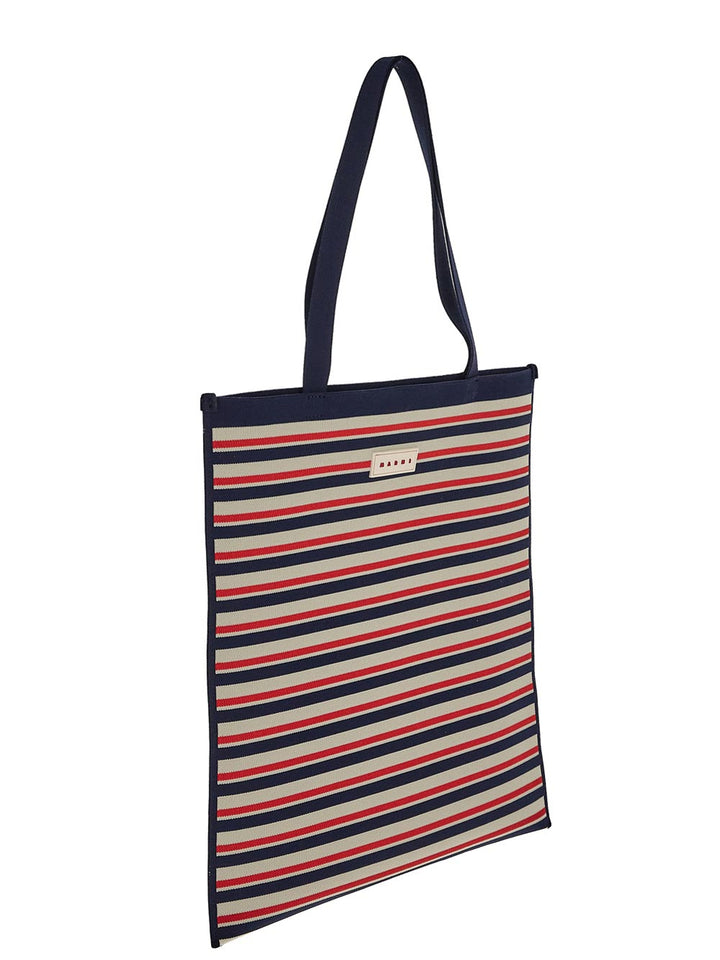 Marni Navy White And Red Jacquard Stripe Flat Tote Bag